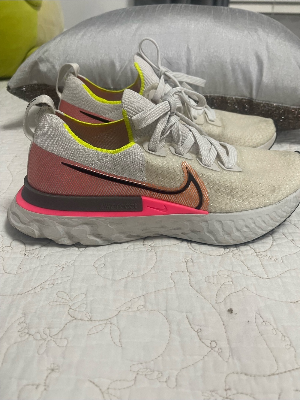 Nike Women's Running Sneakers - White with Coral & Neon Yellow Accents